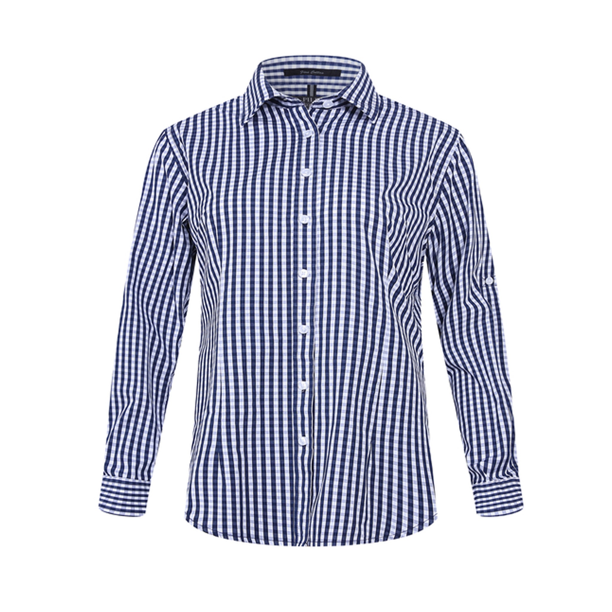 Women's long sleeve shirt in navy white vertical stripes