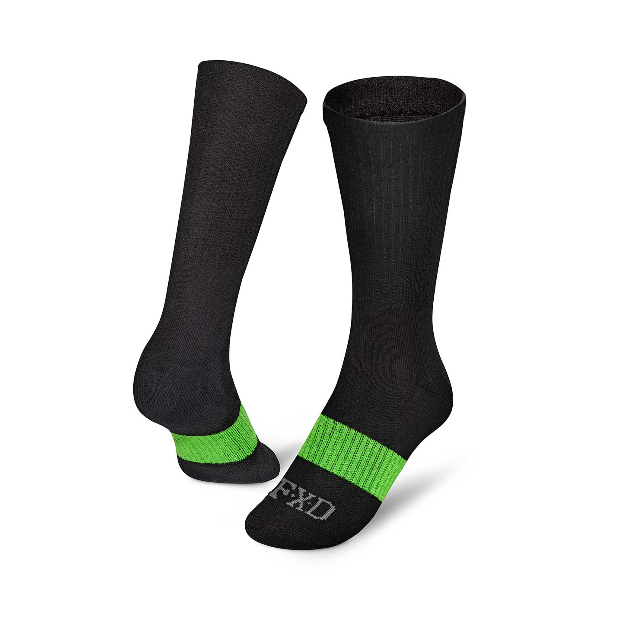 black full length sock with green stripe around foot with FXD logo in grey on toe