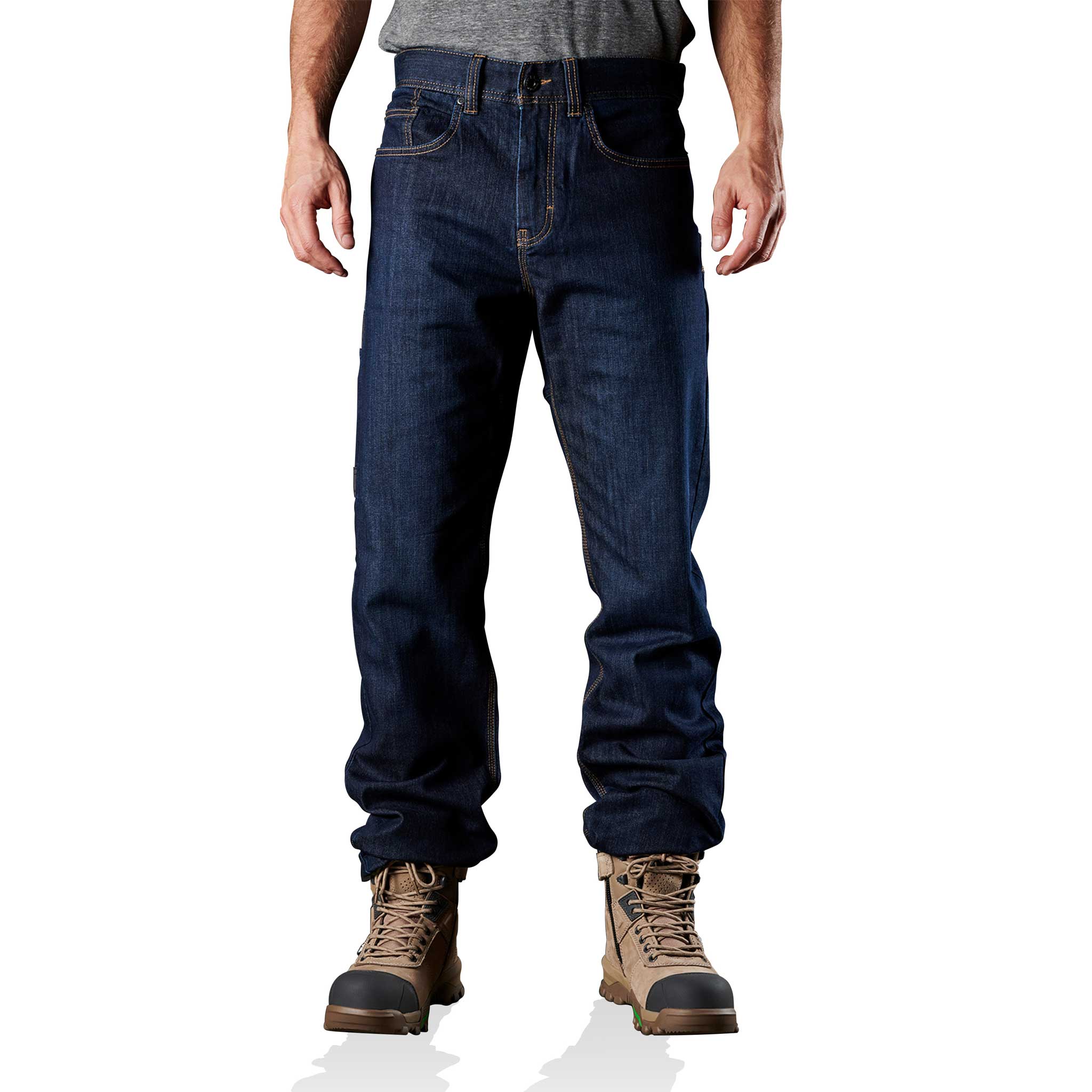 denim pants with highlight stitching and straight cut cuffs
