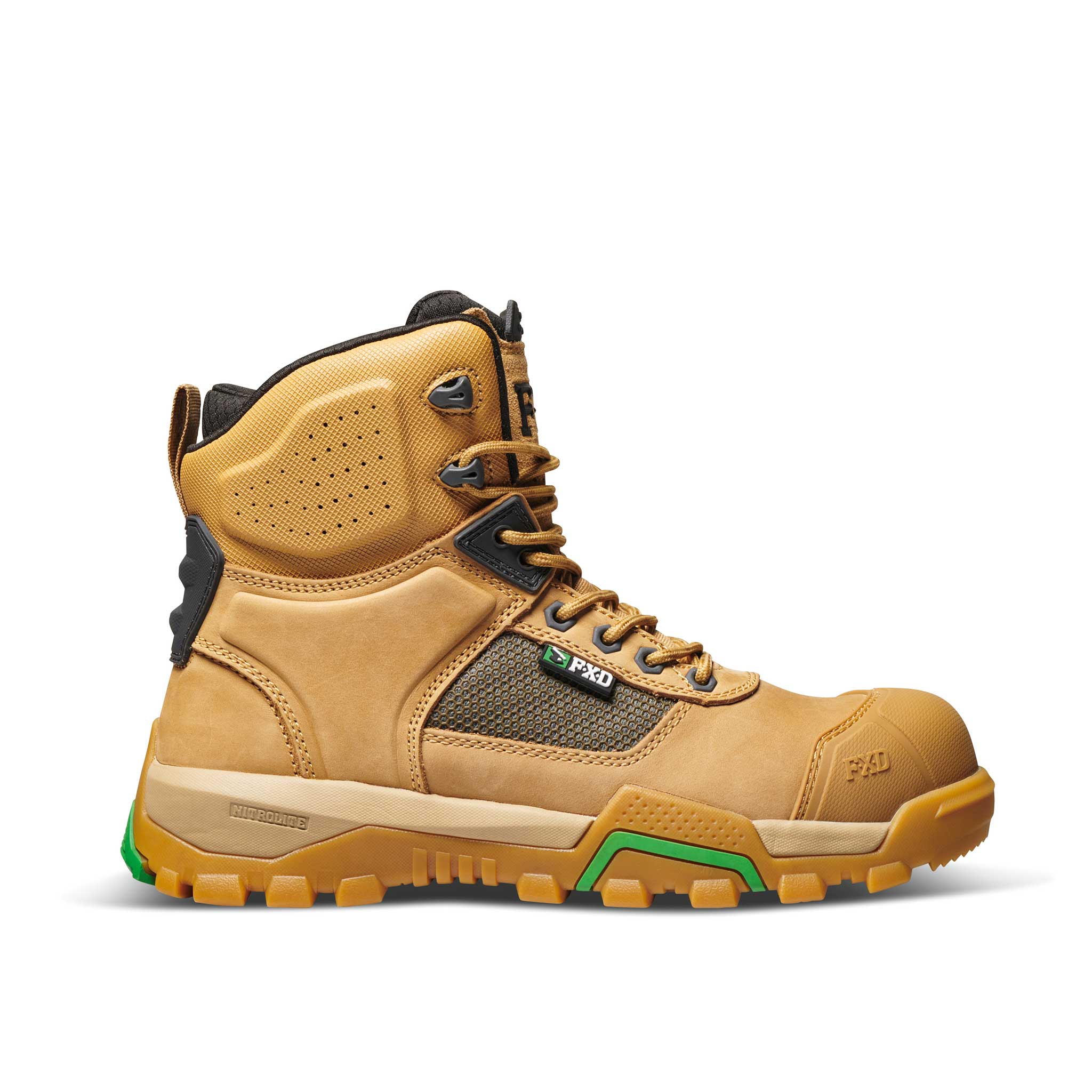 full heigh fxd workboot in light brown leather with black and green highlights