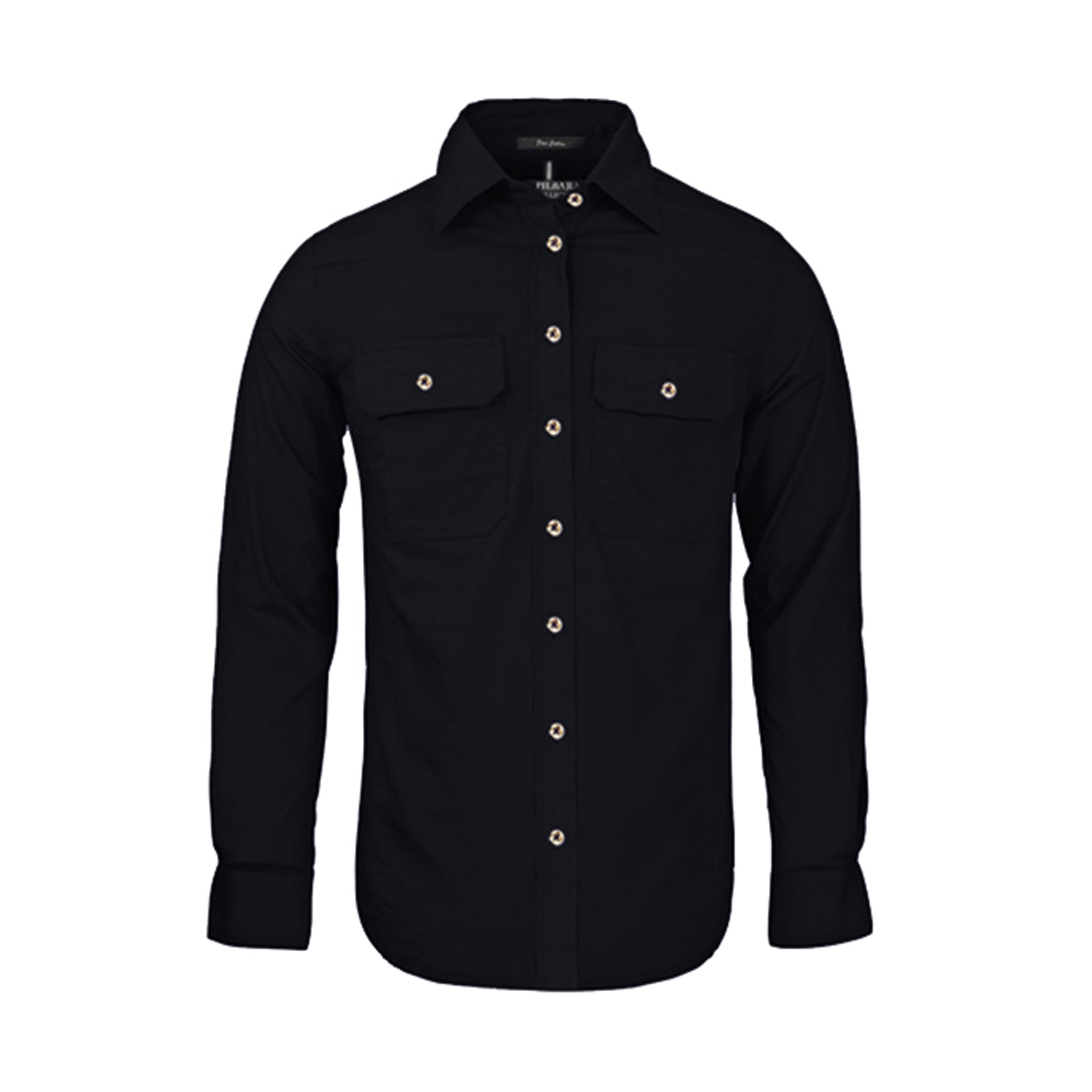 Women's long sleeve open front work shirt in black