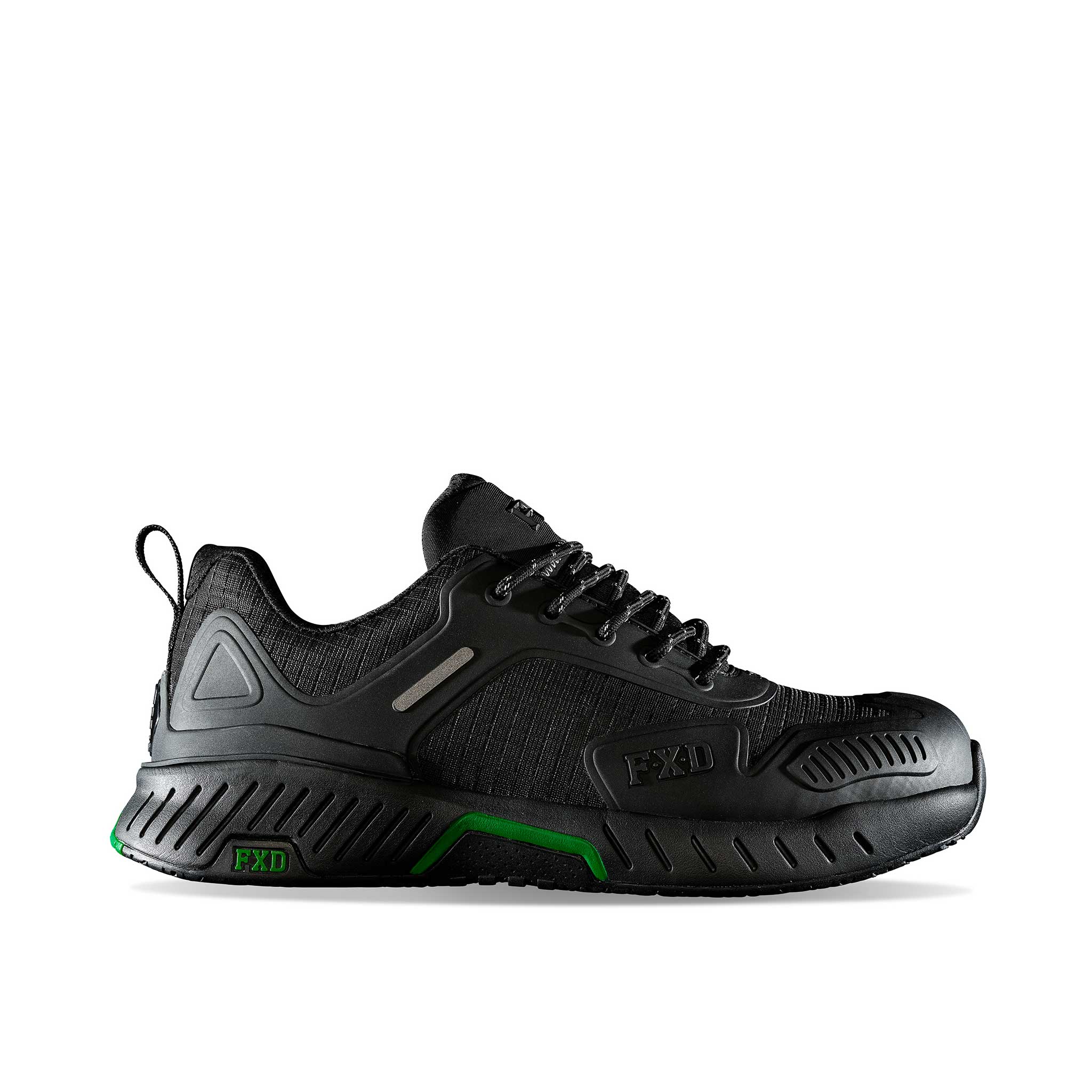 side profile black work jogger with thick sole and green highlights on FXD logos