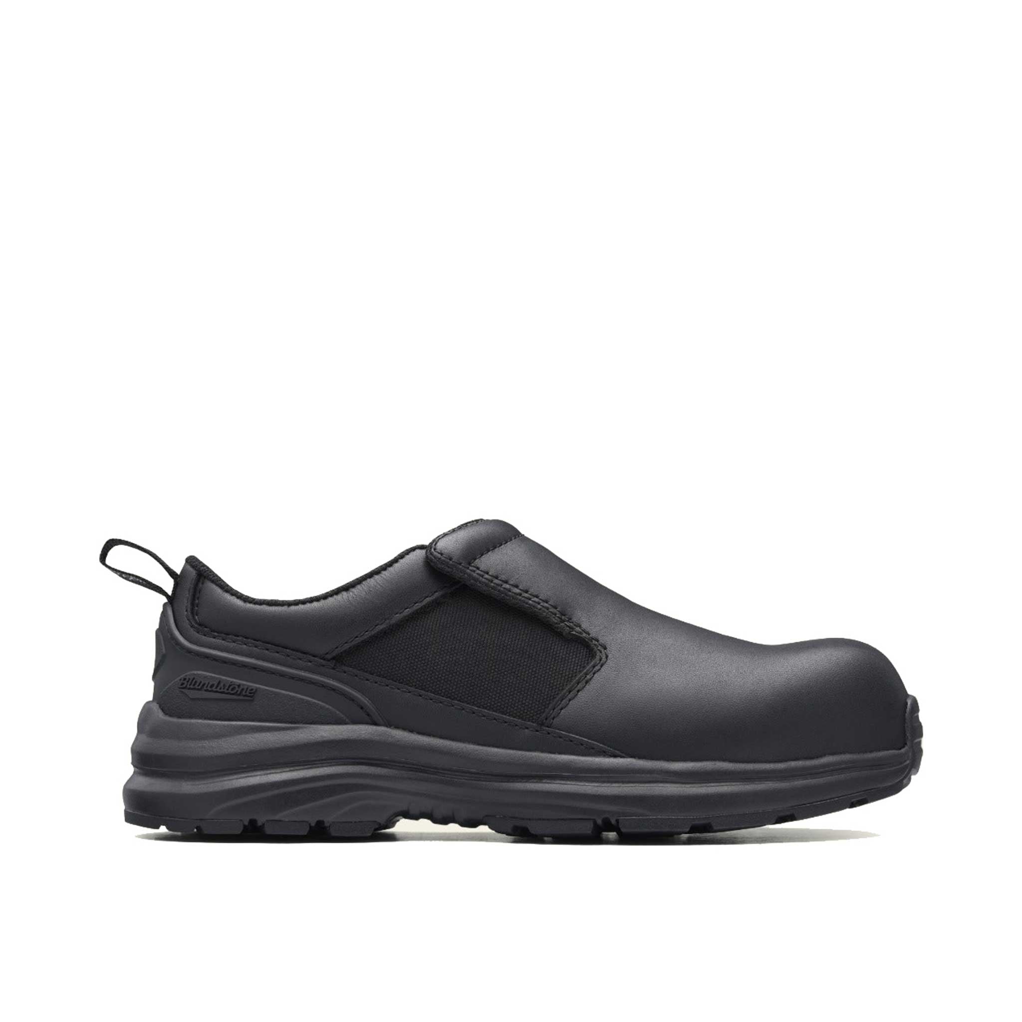 black leather low cut work shoe with leather toe and collar, with textile panel. sporty looking sole with small blundstone logo on heel