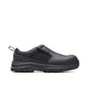 black leather low cut work shoe with leather toe and collar, with textile panel. sporty looking sole with small blundstone logo on heel