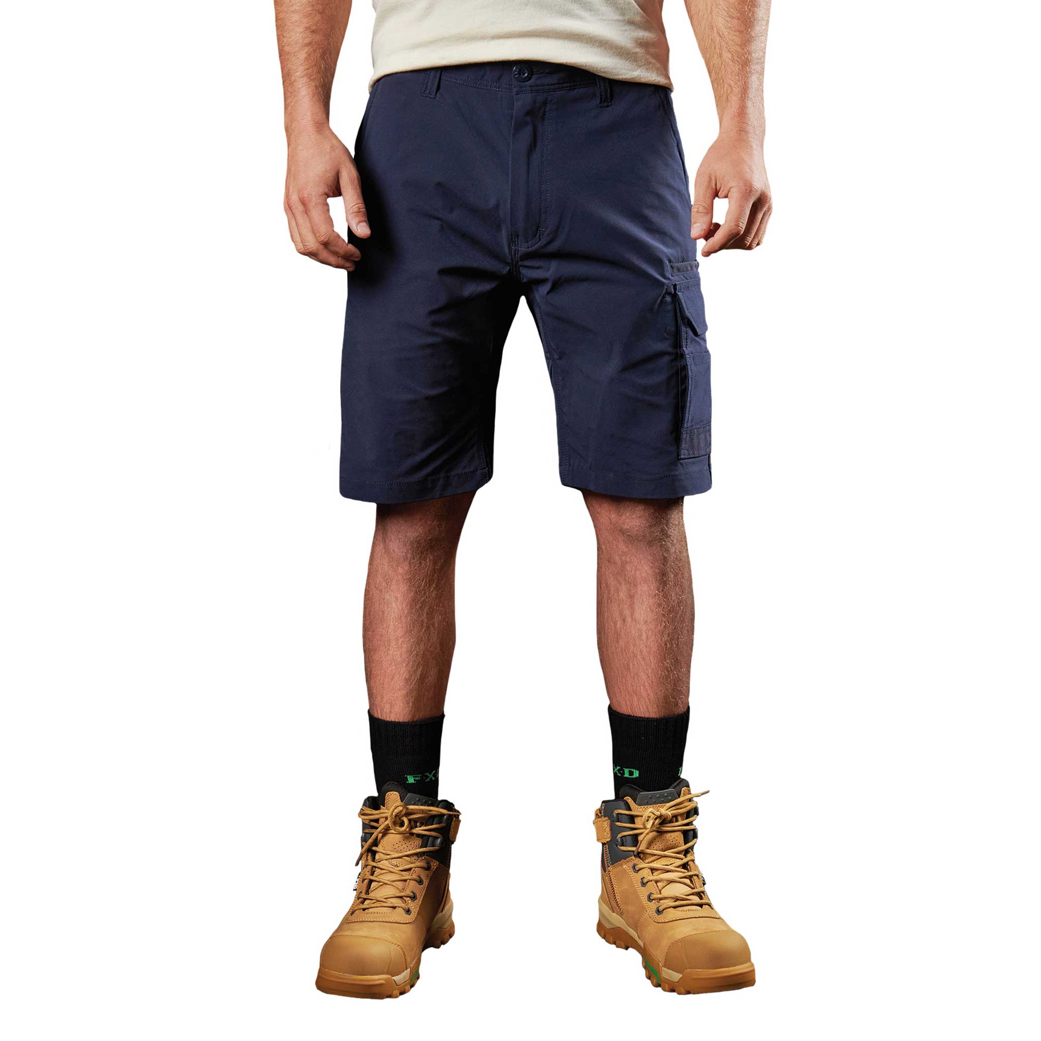 navy blue cargo shorts with button waist and belt loops that extend to the knee