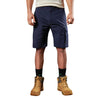 navy blue cargo shorts with button waist and belt loops that extend to the knee