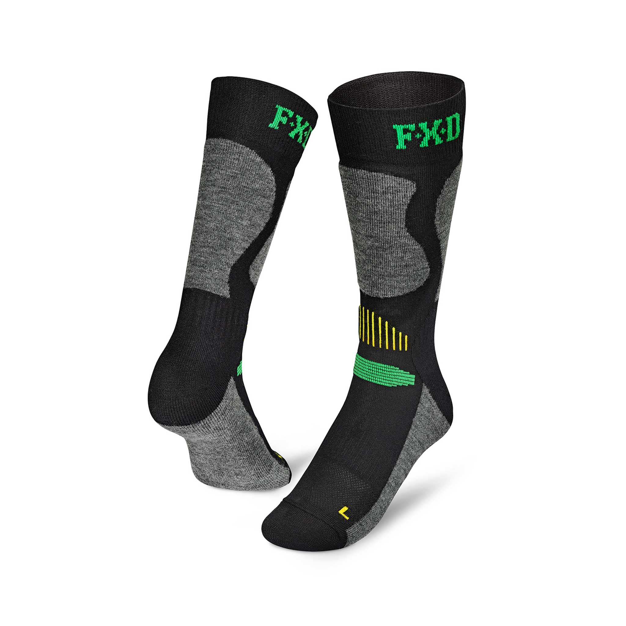 full height black sock with grey highlights and yellow and green patterns with FXD logo