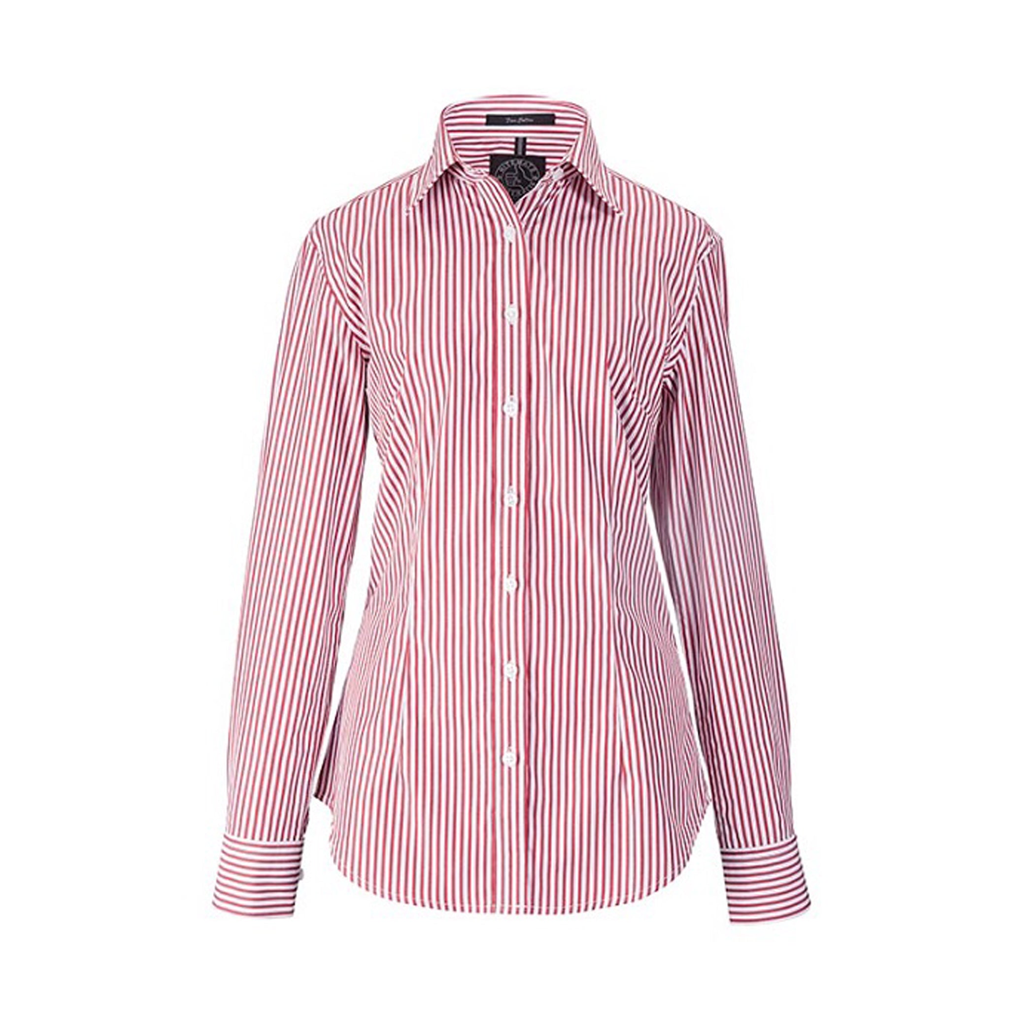 Women's fit long sleeve work shirt with red white vertical stripes