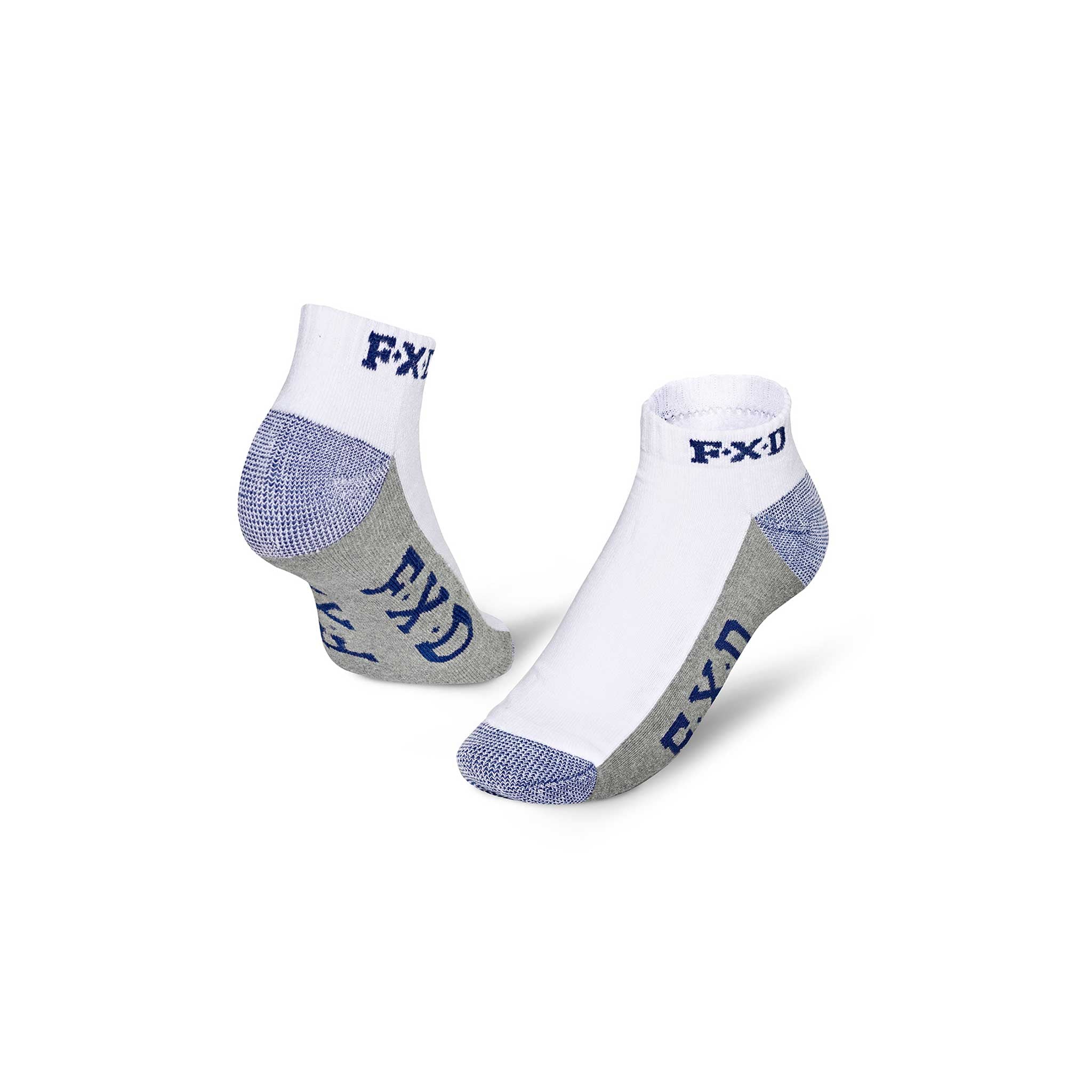 ankle cut white socks with blue and grey highlights and navy blue fxd logos