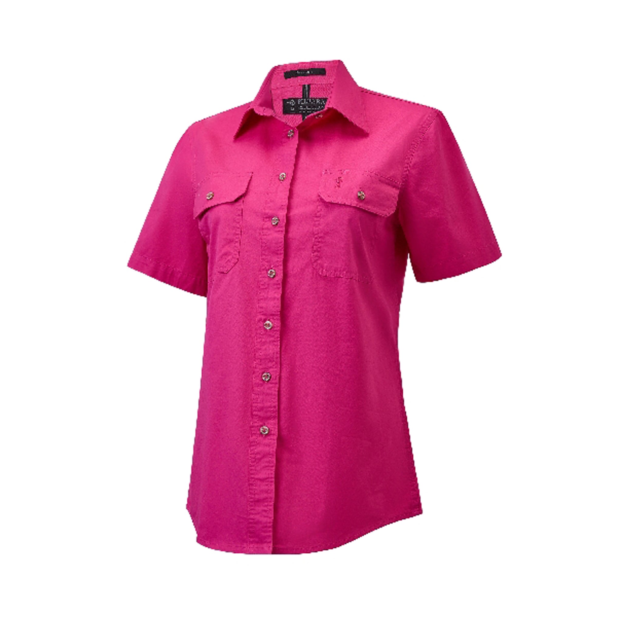 Women's short sleeve open front work shirt in hot pink