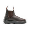 chocolate brown coloured leather chelsea style work boot with elastic side panels and strong pull tabs at the collar