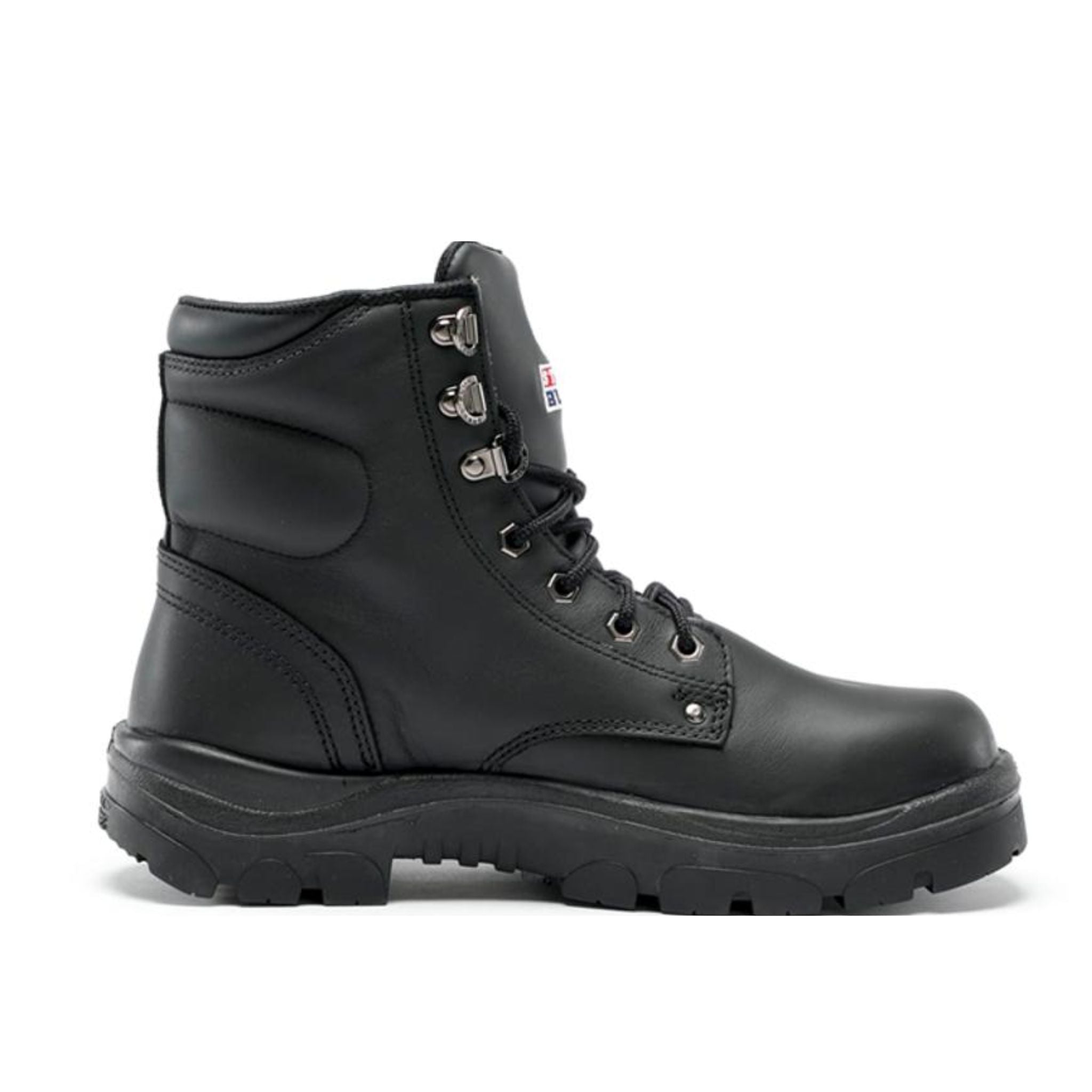 side view of black leather lace up boot with padding on tongue and at rear. chunky sole and silver coloured lace hardware