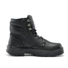 side view of black leather lace up boot with padding on tongue and at rear. chunky sole and silver coloured lace hardware