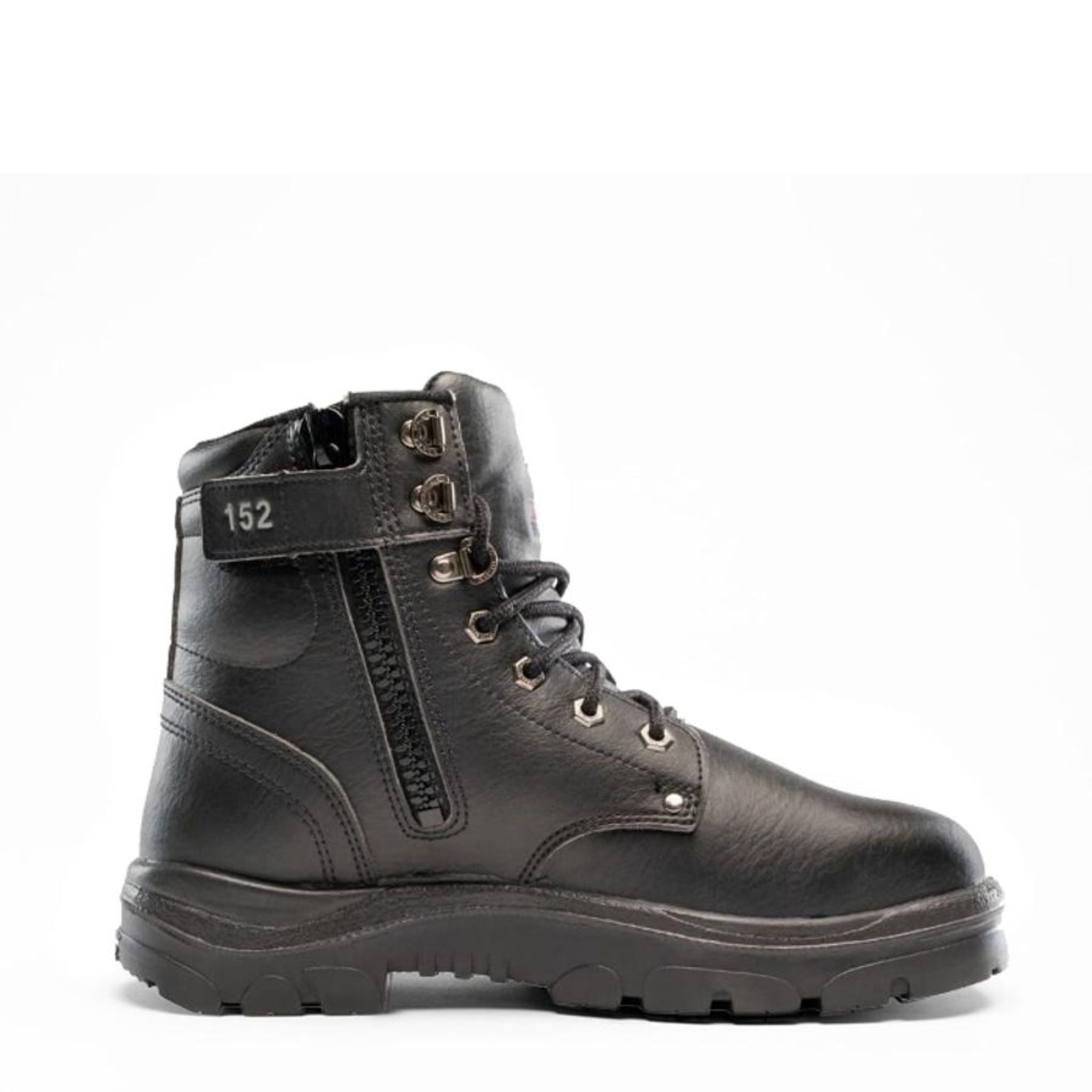 full heigh black leather lace up work boot with silver hardware and side zipper for easy access