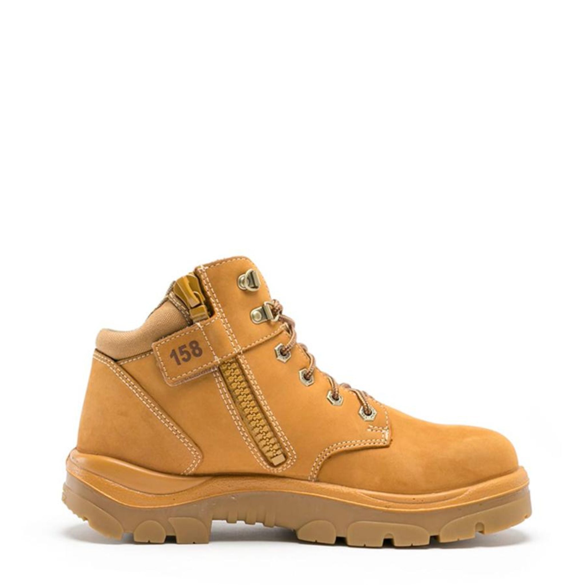 Mid-height hiker-style wheat leather workboot with side zip and "158" zipper strap.
