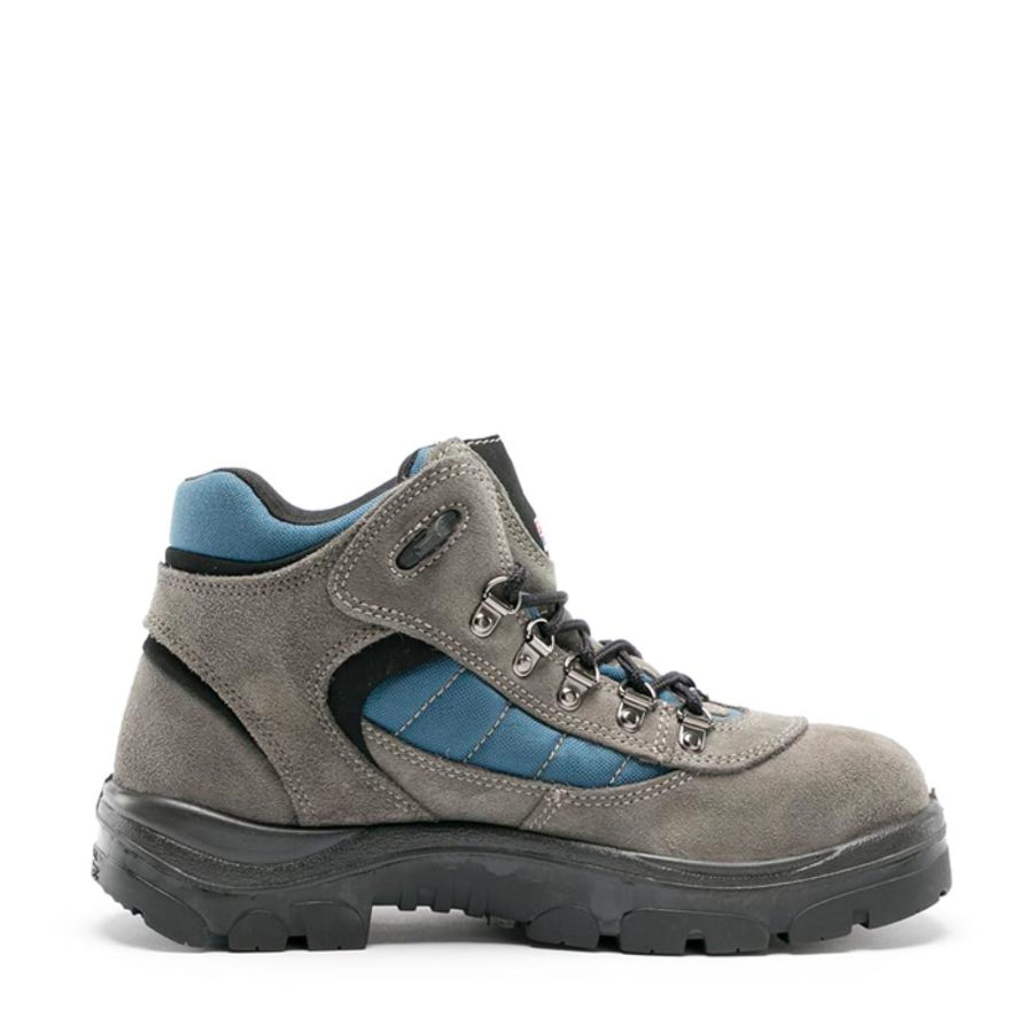 mid height hiker style grey leather workboot with blue highlights and black sole and black details