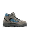 mid height hiker style grey leather workboot with blue highlights and black sole and black details
