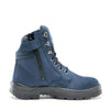 high cut blue work boot with thick sole. scalloped collar for worksite comfort as well as easy access zipper with 361 written on zipper keeper
