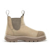 sand coloured chelsea style boot with slate coloured elastic panels and toe ca with pull tabs at collar