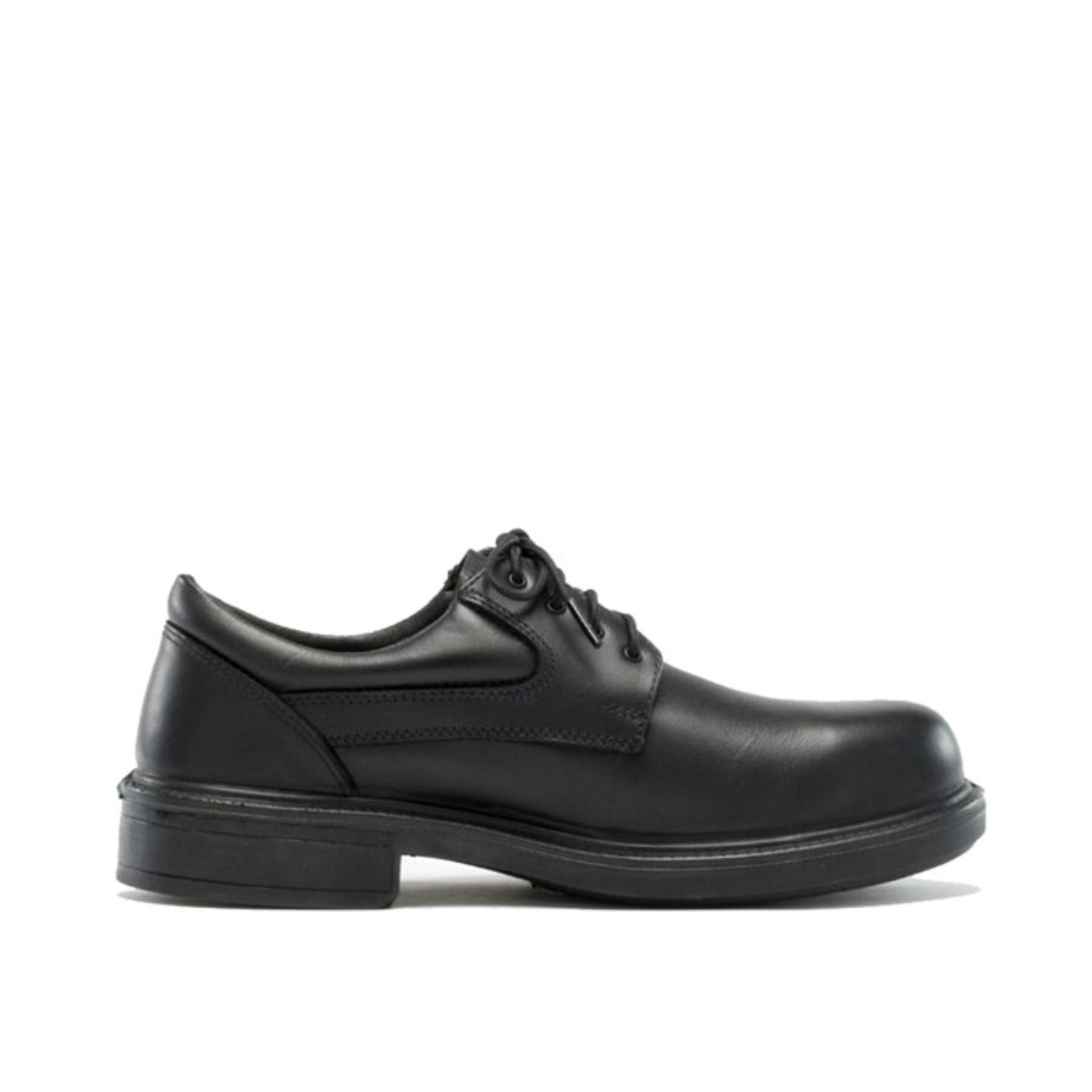 black leather low cut professional looking shoe with black laces and padded collar