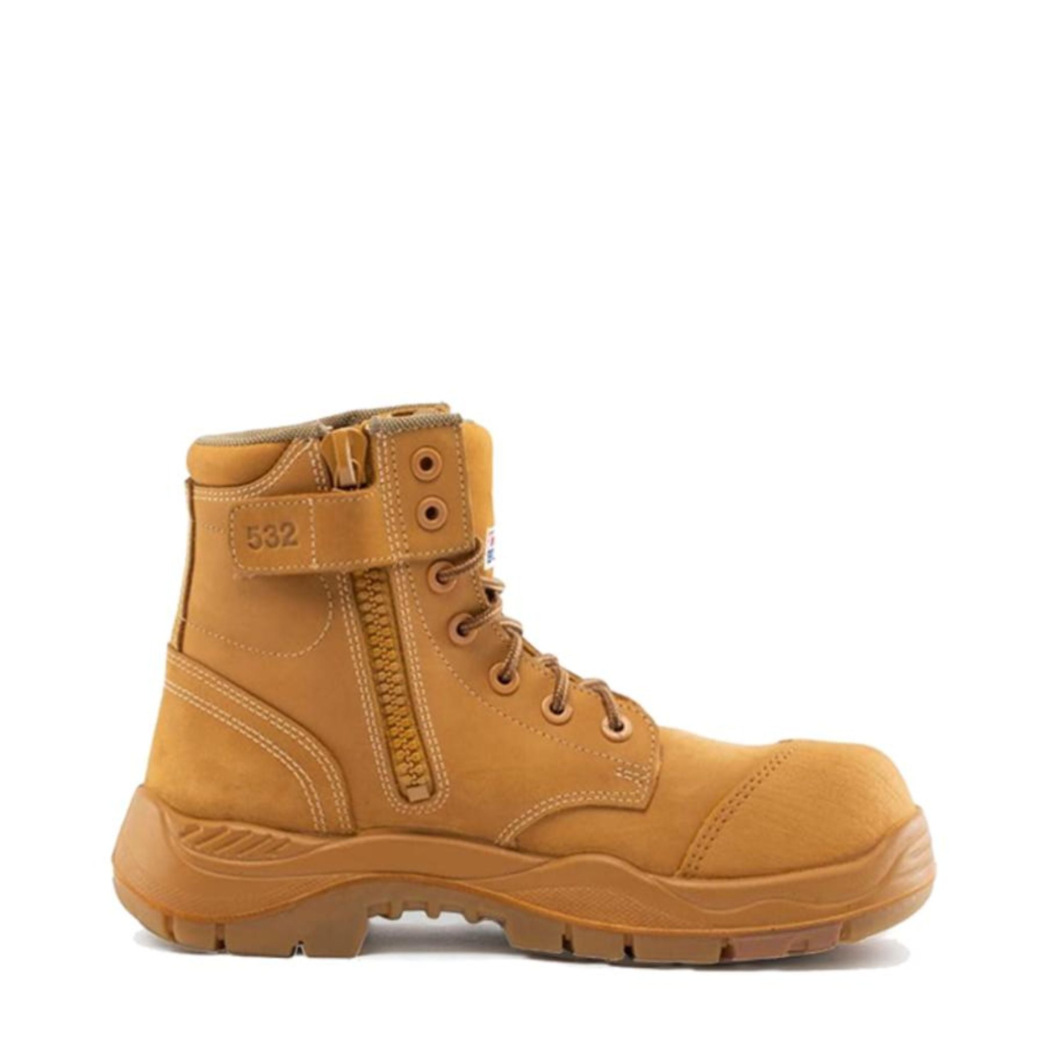 Mid-height wheat leather workboot with a 532 side zip and a matching toe cap and sole.