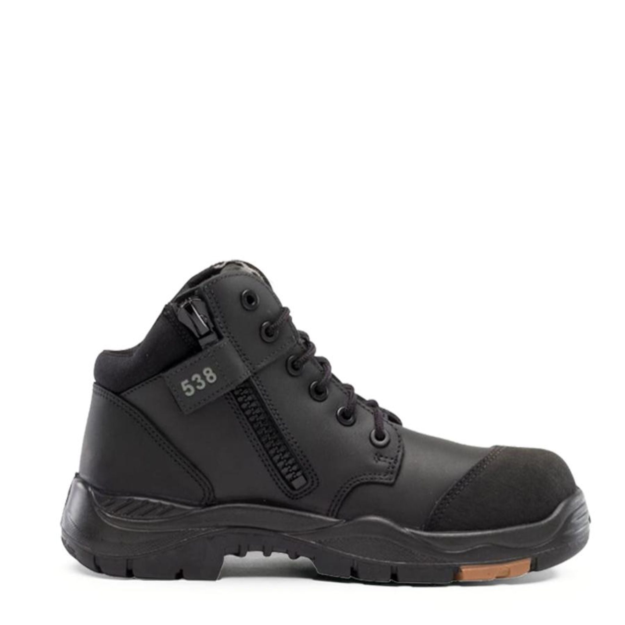 mid height hiker style black leather workboot with side zip and leather toe cap. zipper strap has numbers 538