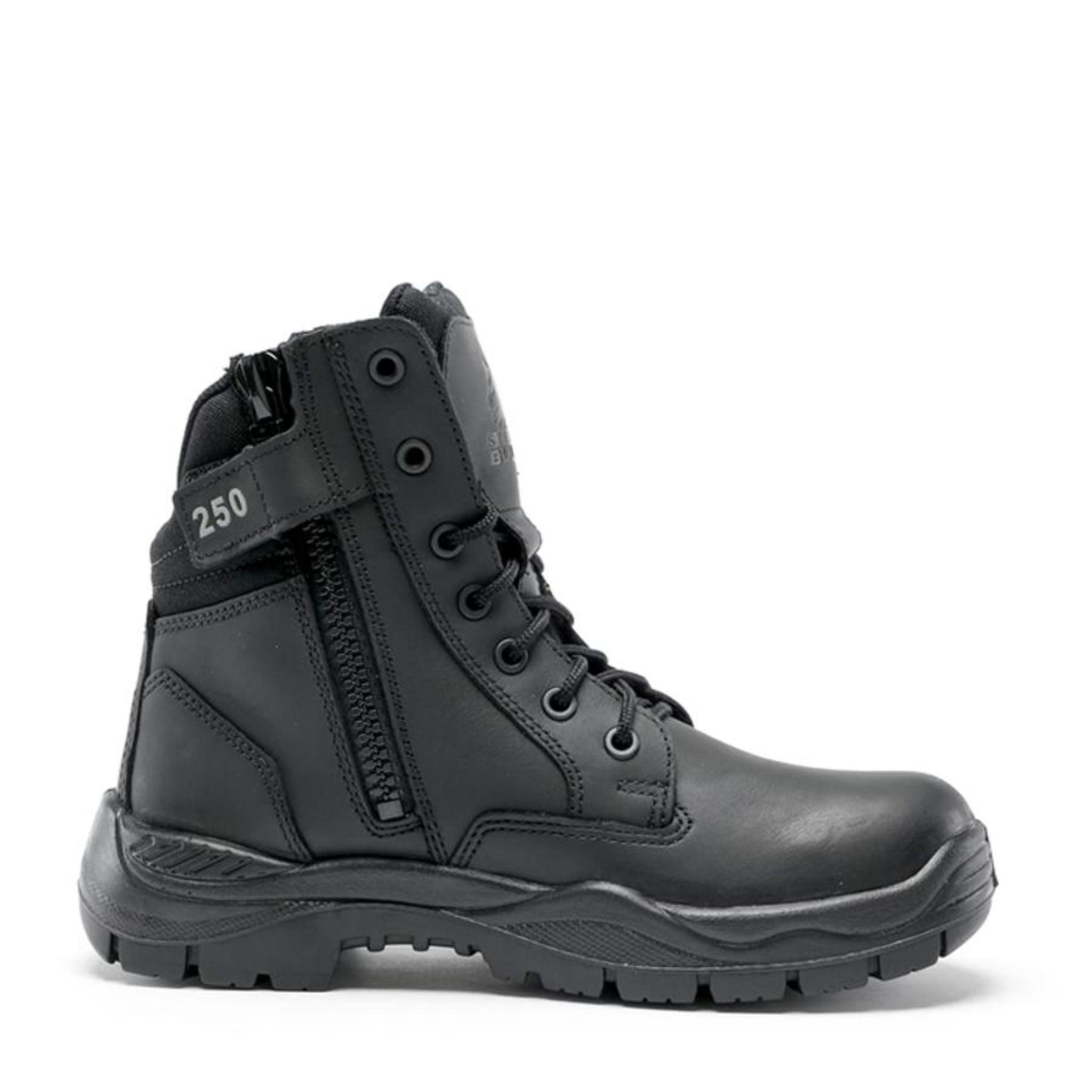 Black athletic-style work shoes with laces.