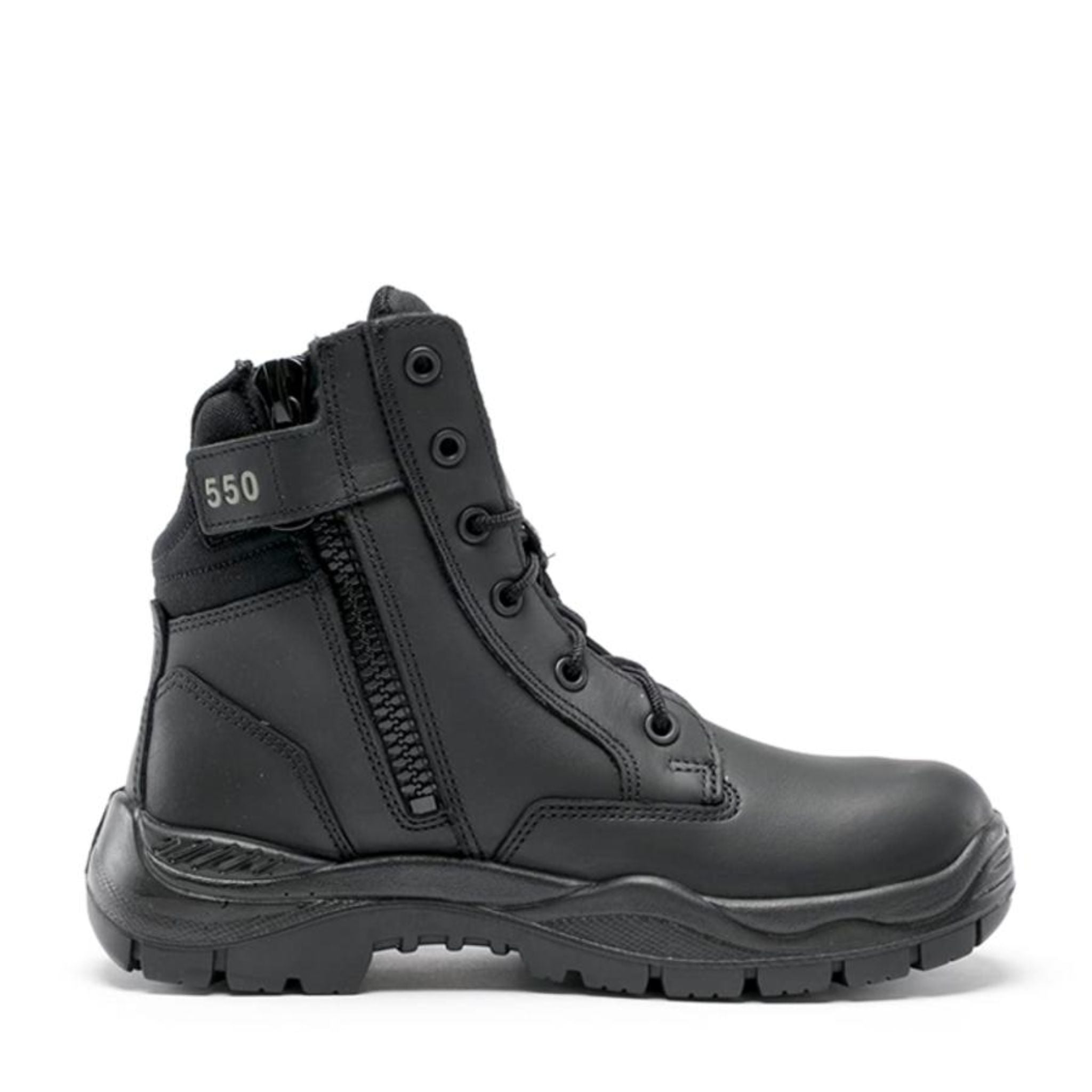 Black leather lace-up work boot with a scalloped collar, side zipper, and a 550 strap.