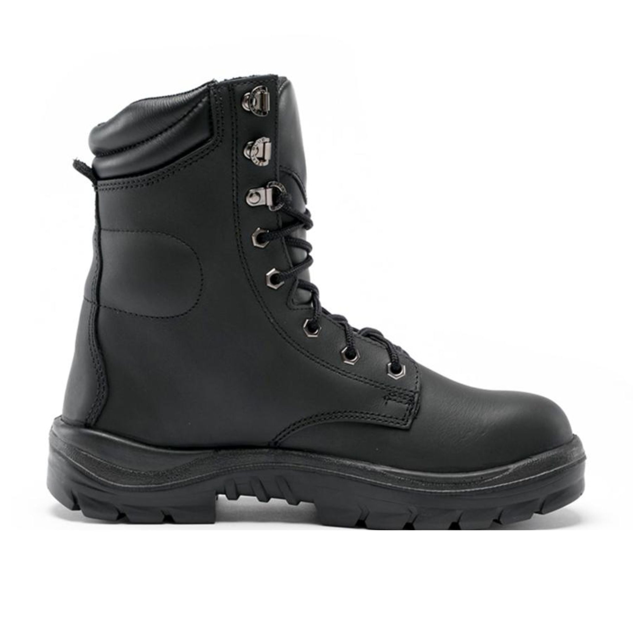 high cut black leather derby boot with padded collar, metal eyelets and chunky sole