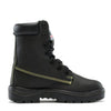 high leg leather lace up work boot with padded collar and steel blue branding on tongue with yellow stitching highlights