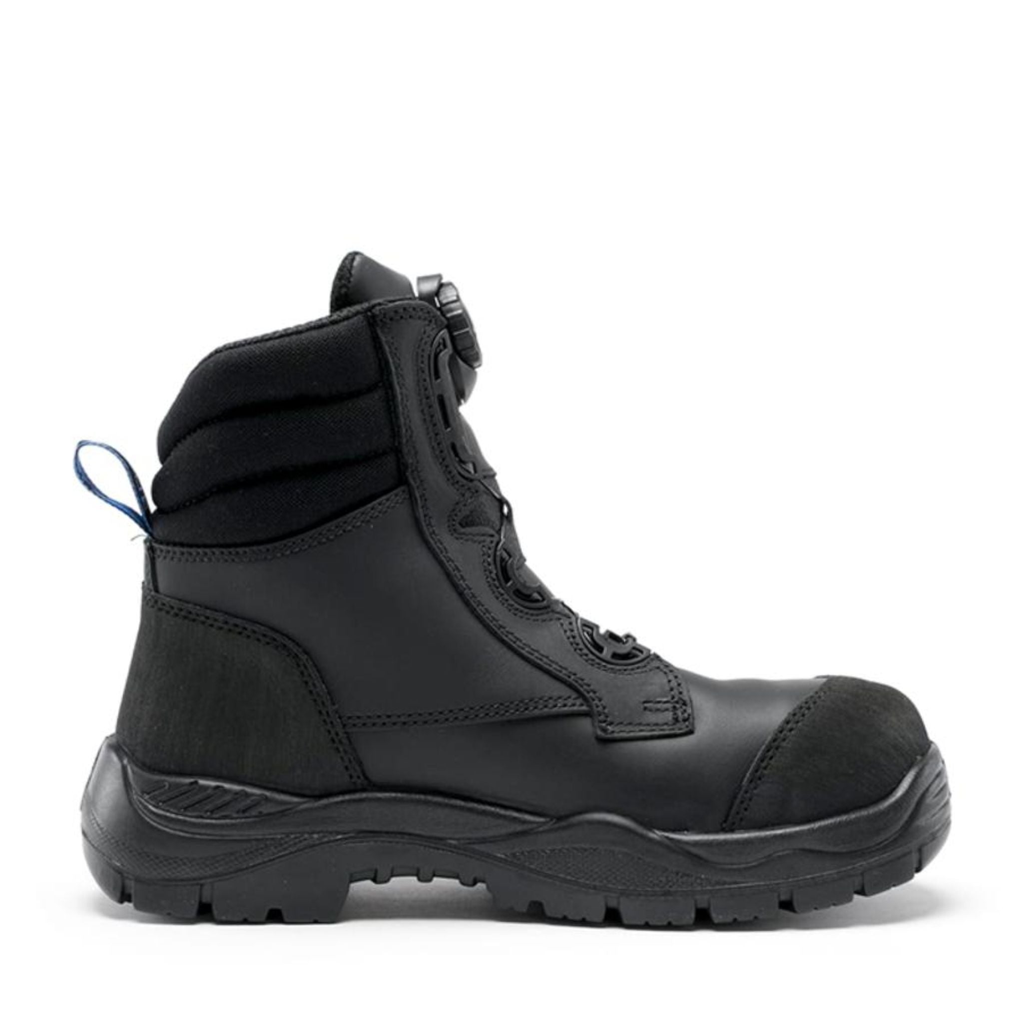 Black lace-up work boots with a high padded ankle.