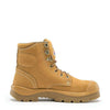 wheat leather ankle cut derby boot with brass coloured eyelets and steel blue logo on tongue