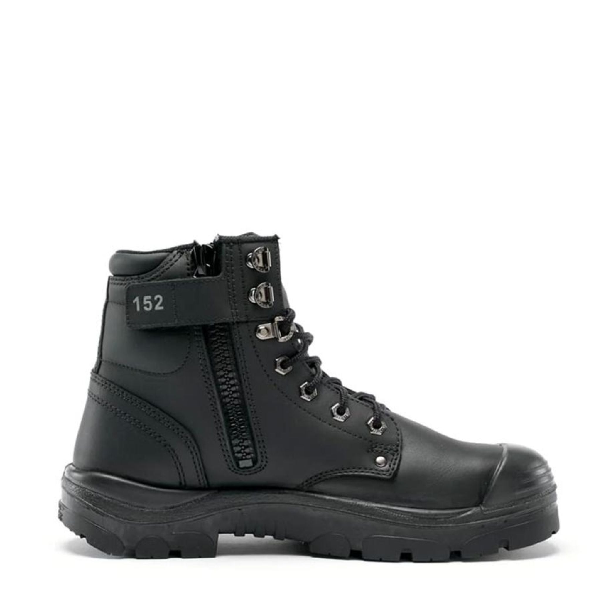 above ankle black leather work boot with large black zipper up the side captured by a velcro tab with the numbers 152