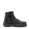 above ankle black leather work boot with large black zipper up the side captured by a velcro tab with the numbers 152