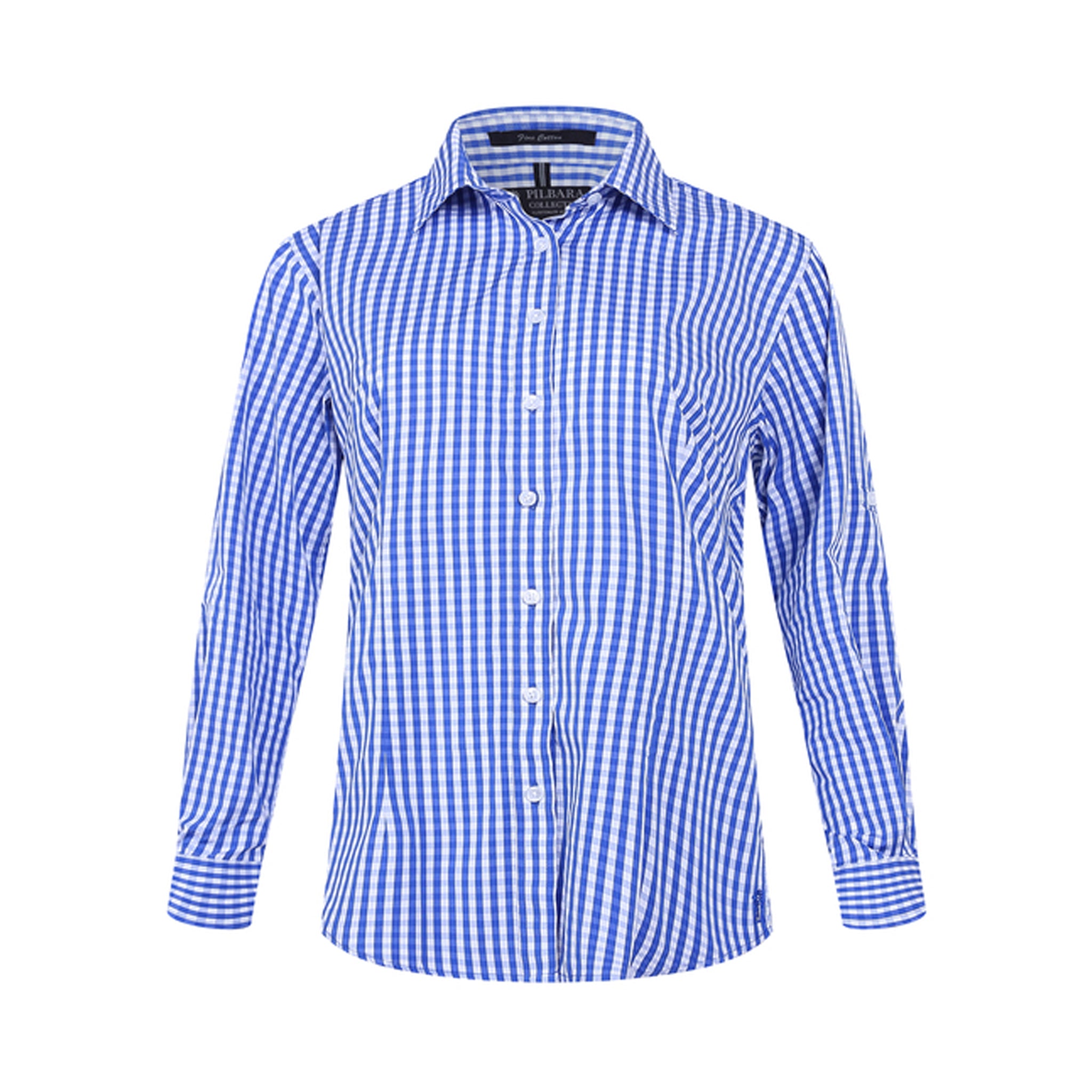 Women's long sleeve shirt in blue white vertical stripes