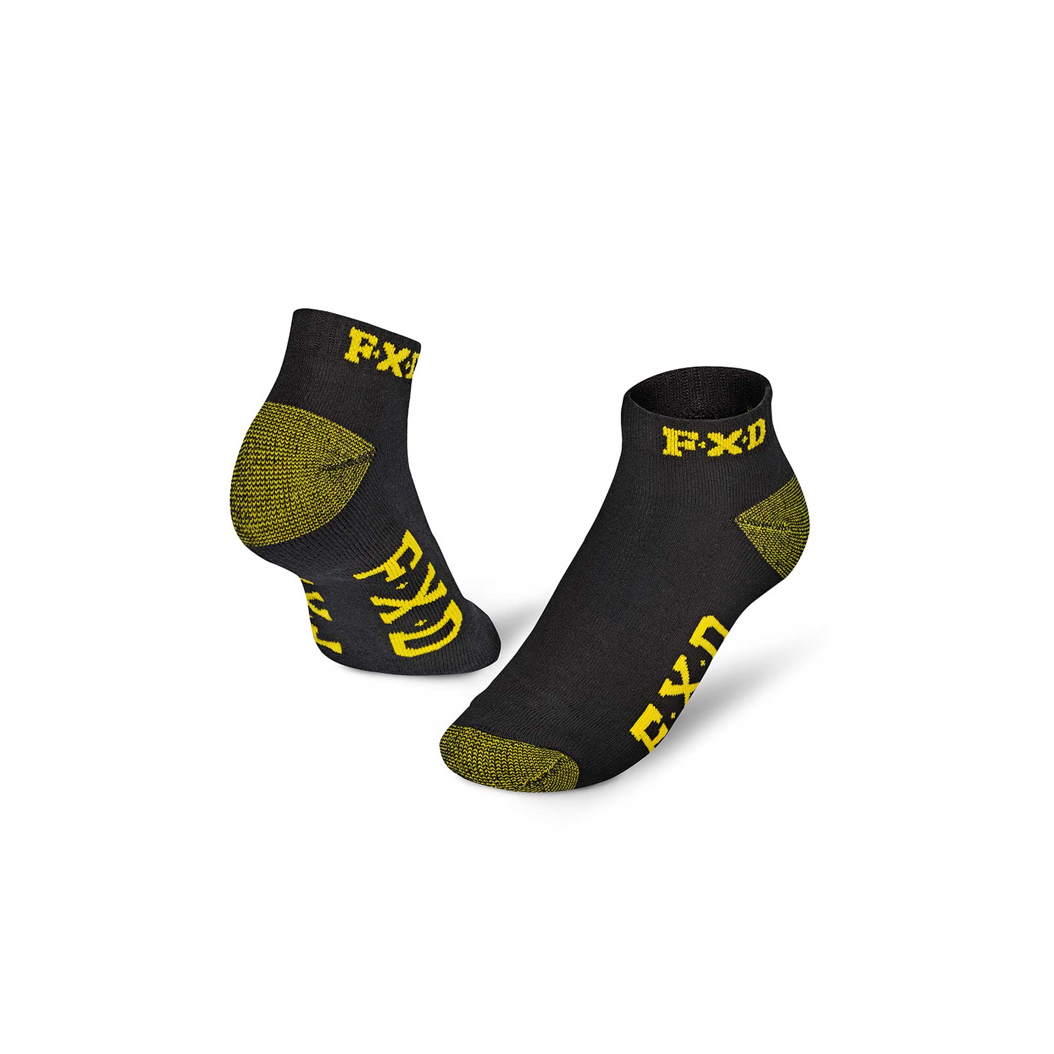 black ankle height socks with yellow patterns on toe and feel with FXD logos