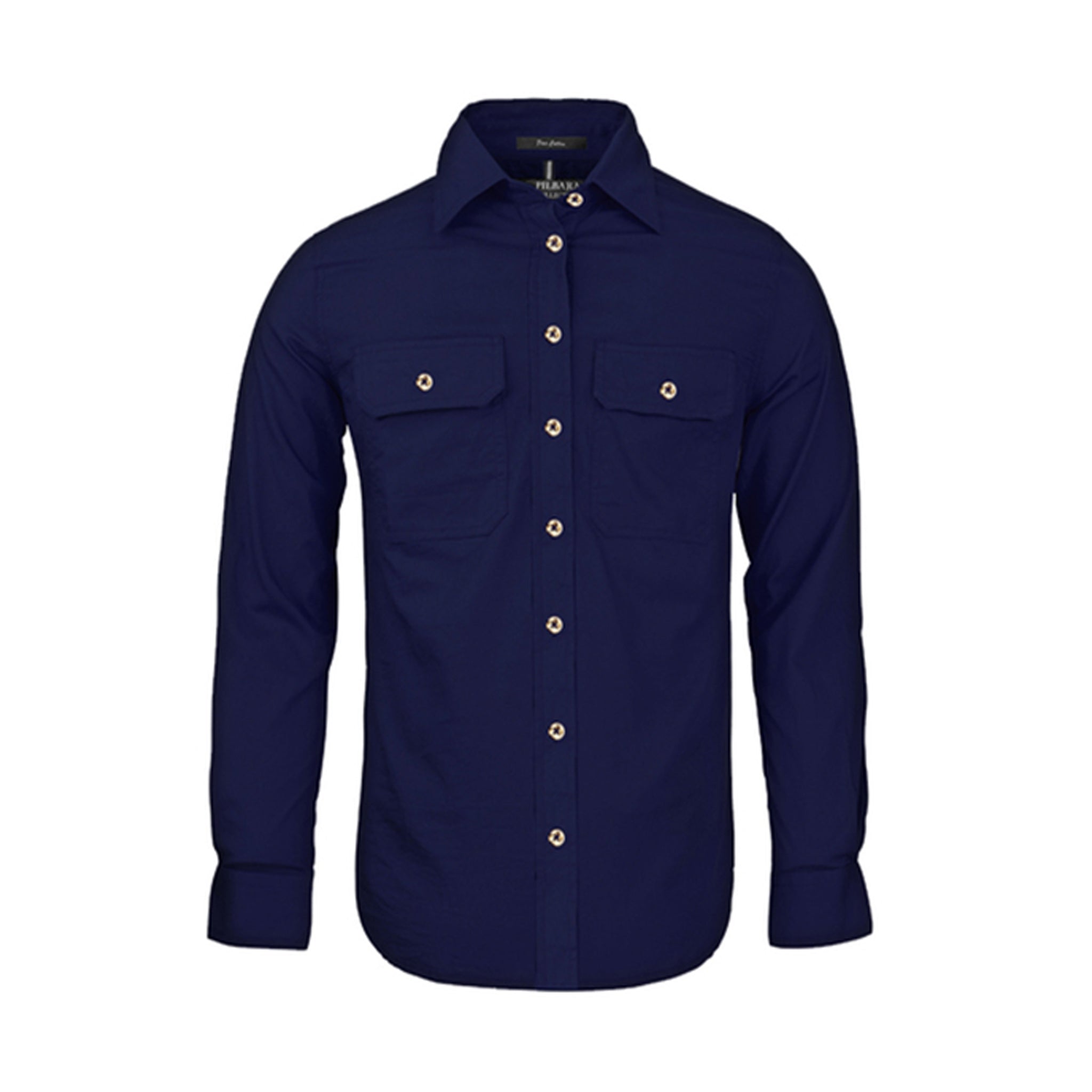 Women's long sleeve French navy work shirt with pockets and contrasting buttons