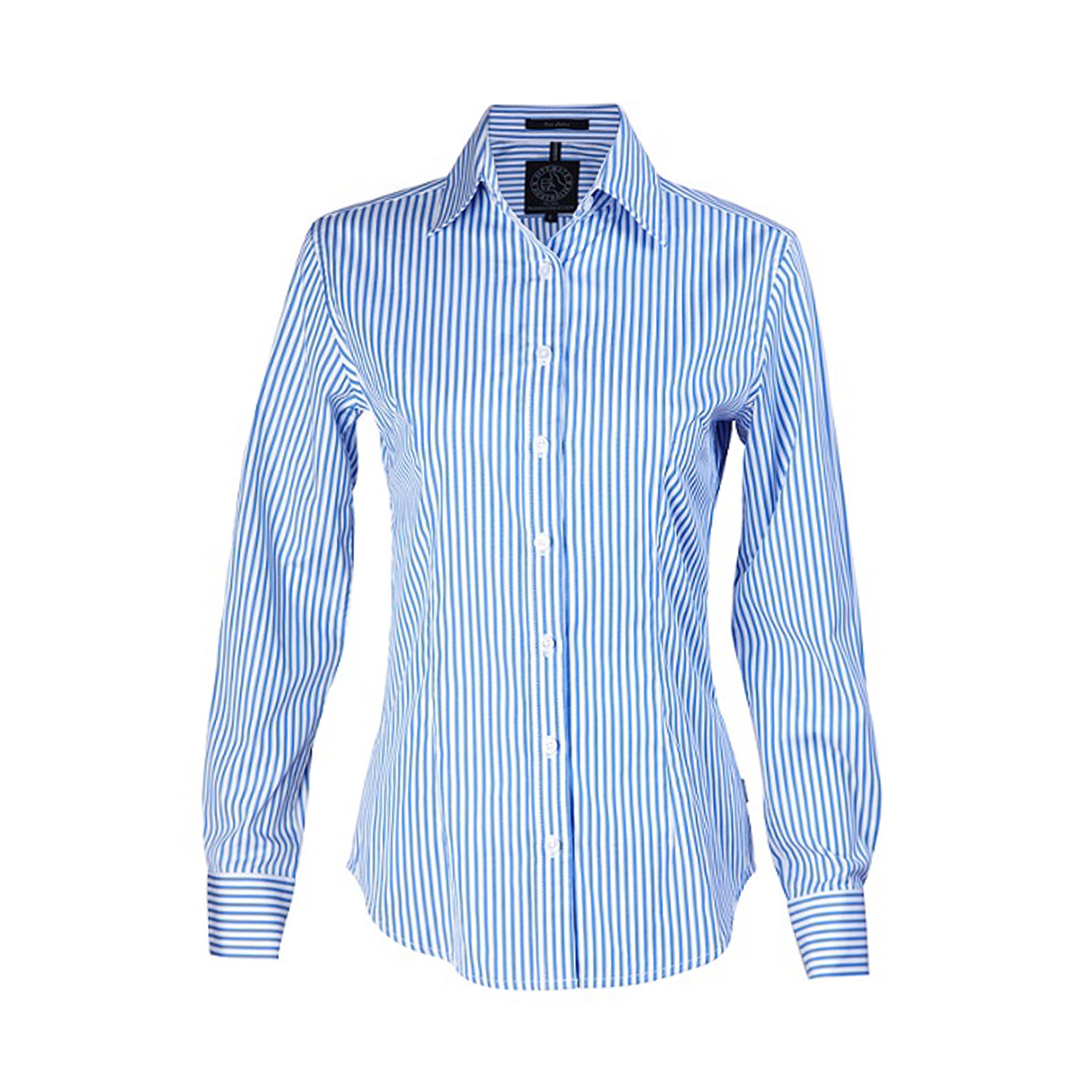 Women's fit long sleeve work shirt with blue white vertical stripes