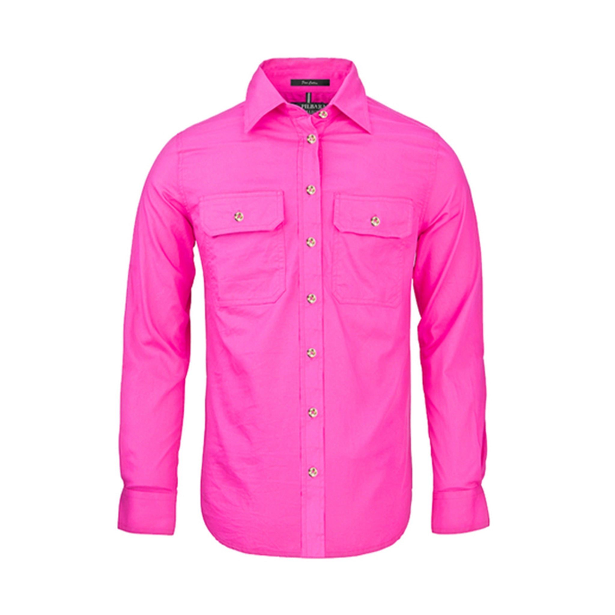 Women's long sleeve open front work shirt in fuchsia