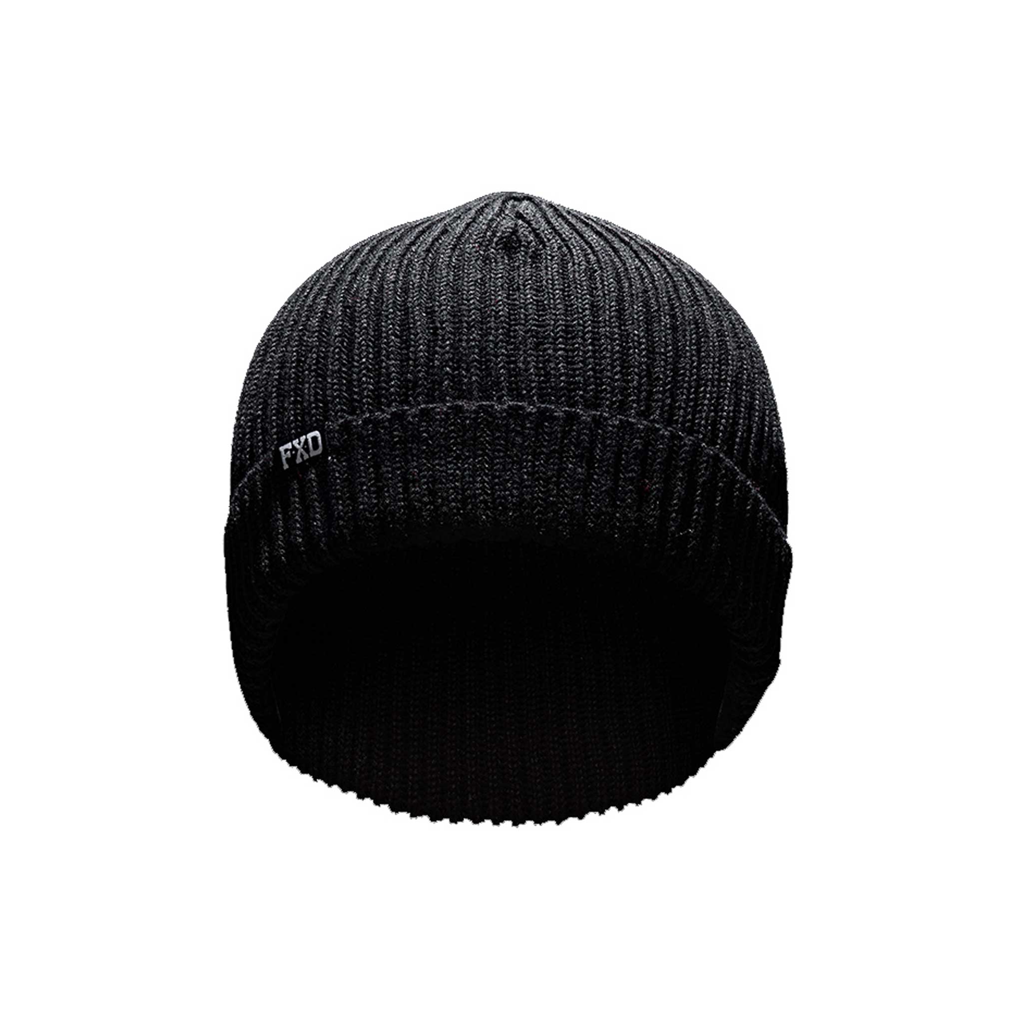 Black ribbed beanie with a roll cuff, made from recycled polyester