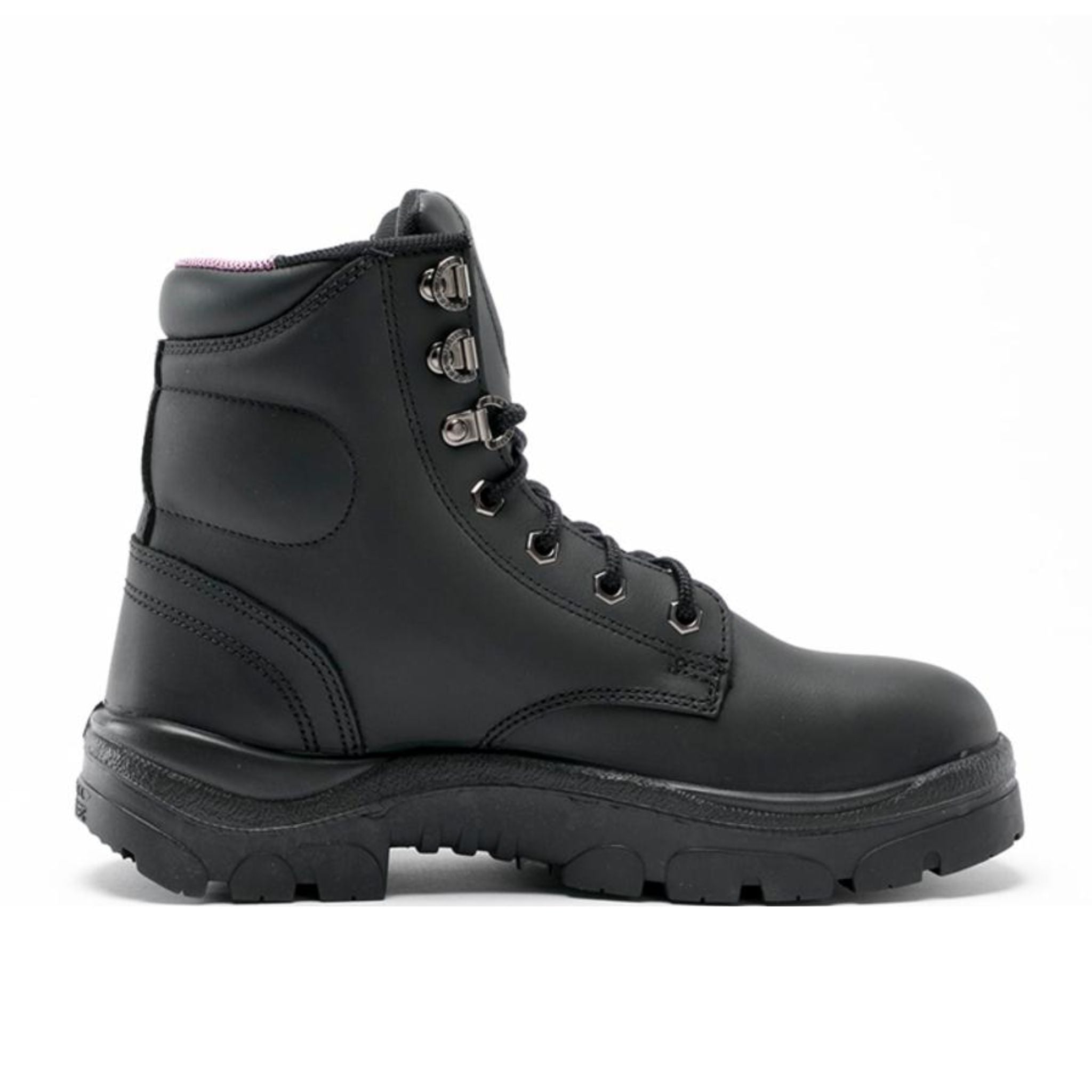 full height black leather work boot with metal eyelets and thick sole with coloured highlight in part of lining at collar