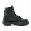 full height black leather work boot with metal eyelets and thick sole with coloured highlight in part of lining at collar