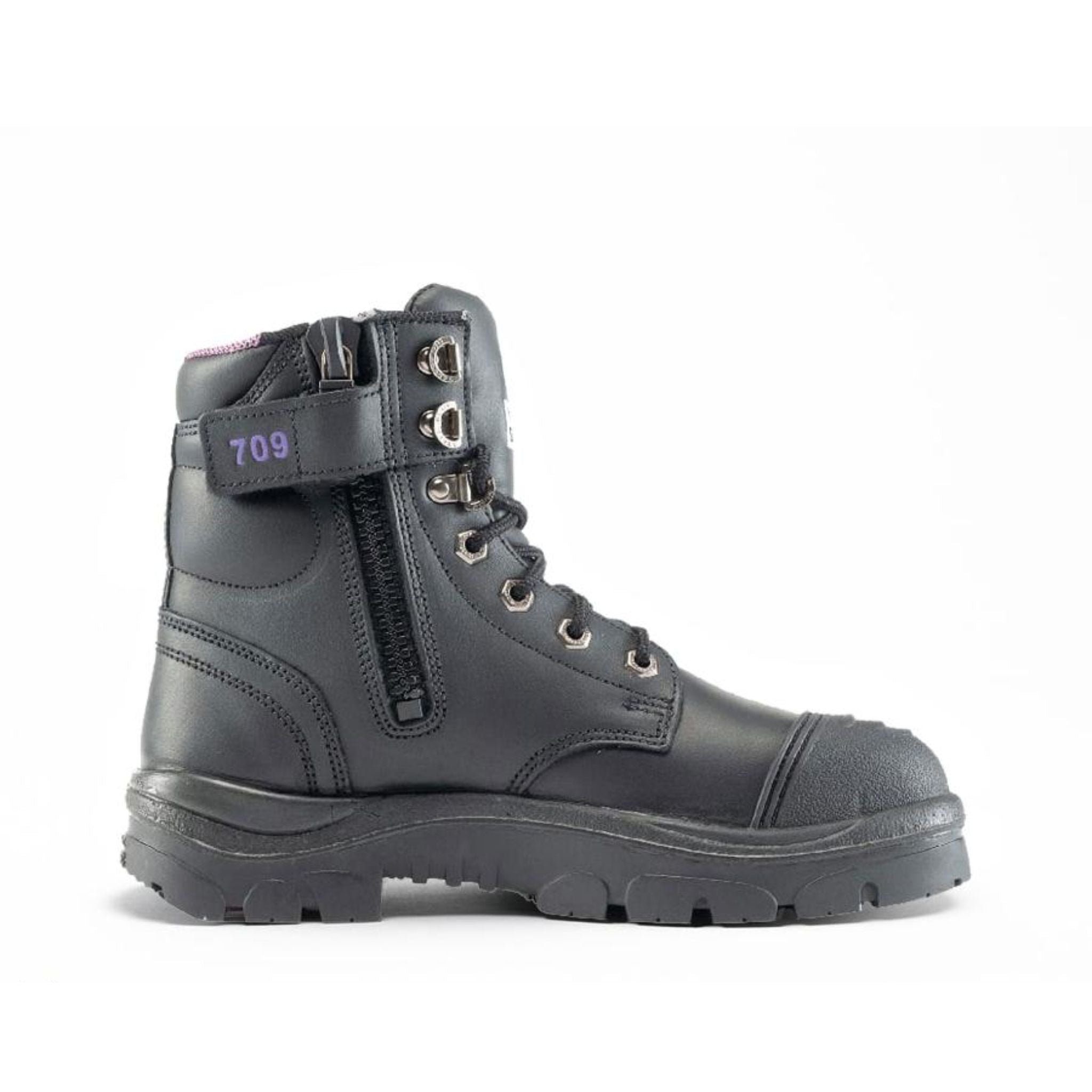 Women's tall black leather work boot with a side zip and a violet 709 strap.