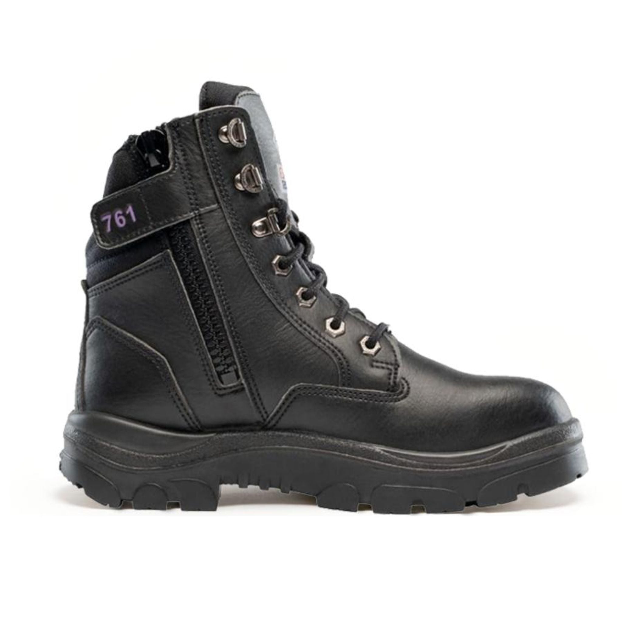Tall leather work boot with a side zip reinforced with a pink "761" strap.