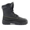 full heigh ladies black leather work boot with thick sole and texture finish on lower. Yellow stitching highlights with black laces and eyelets