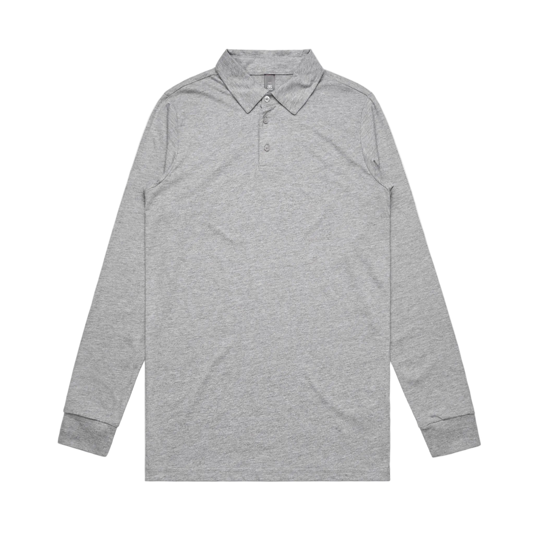 A light gray long-sleeve polo shirt with a classic collar and a two-button placket, displayed flat against a plain white background.
