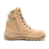 high cut sand coloured ladies work boot with violet laces and text. scalloped collar for worksite comfort as well as easy access zipper