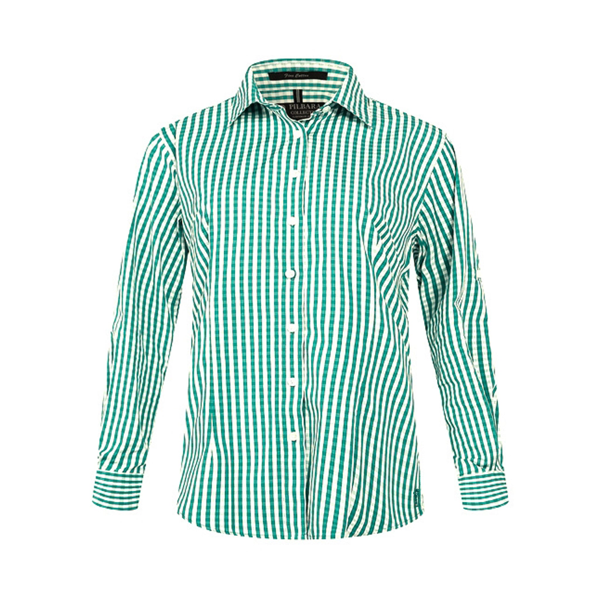 Women's long sleeve shirt in emerald white vertical stripes