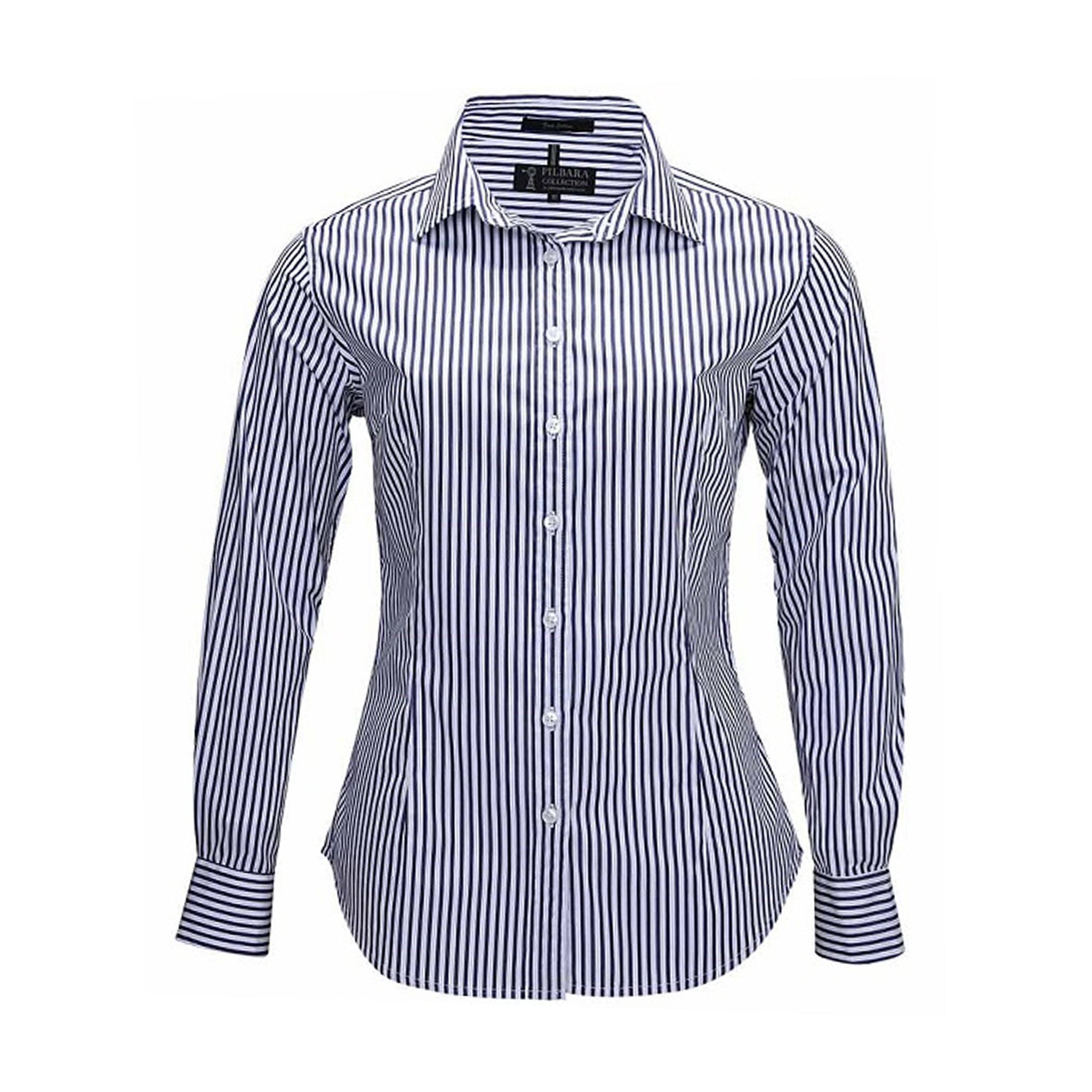Women's fitted long sleeve work shirt with  blue white vertical stripes