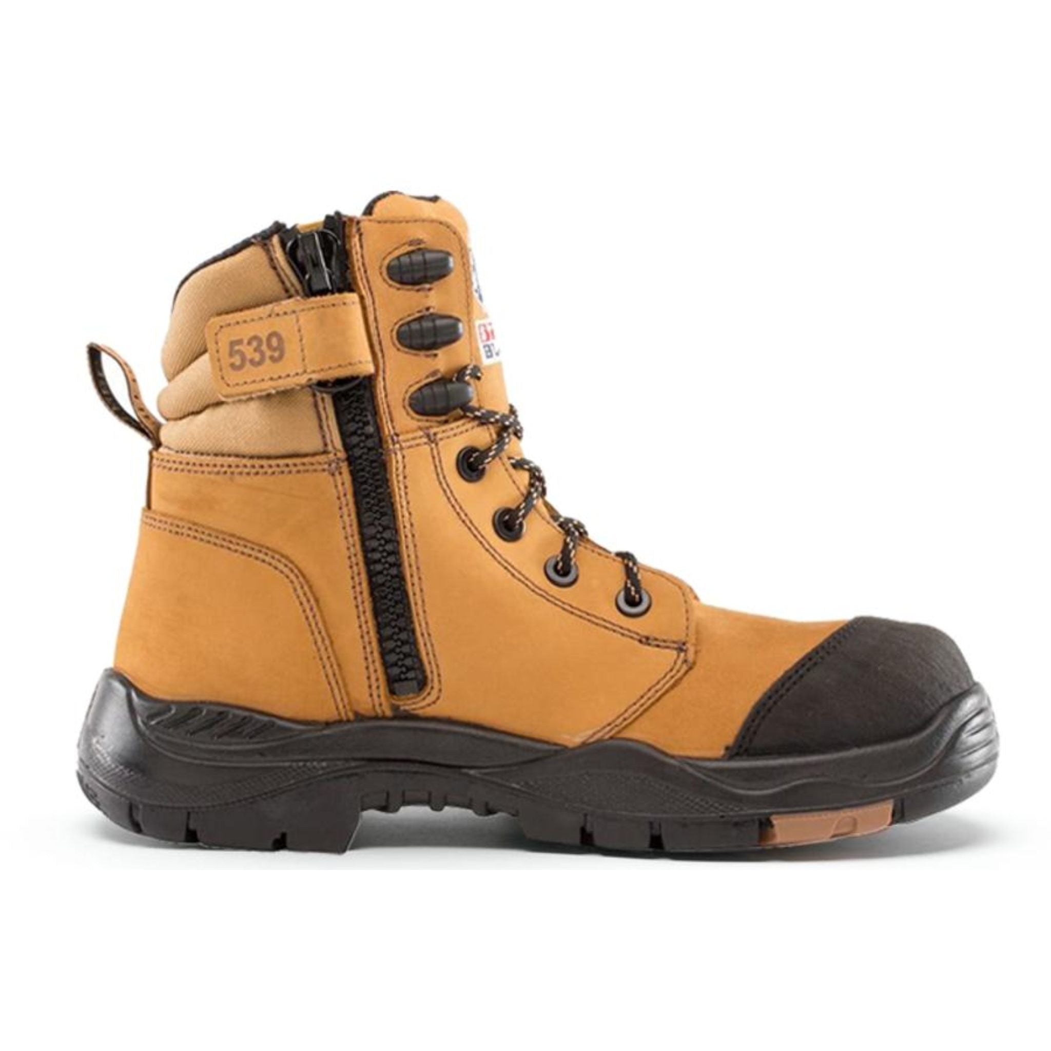 wheat coloured leather workboots with high cut and black side zipper reinforced with velcro leather keeper that reads 539 in bold numbers